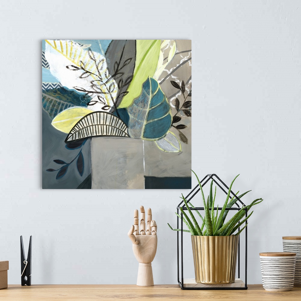 A bohemian room featuring Contemporary abstract painting of a vase full of various leaves and greenery, on a decorative bac...