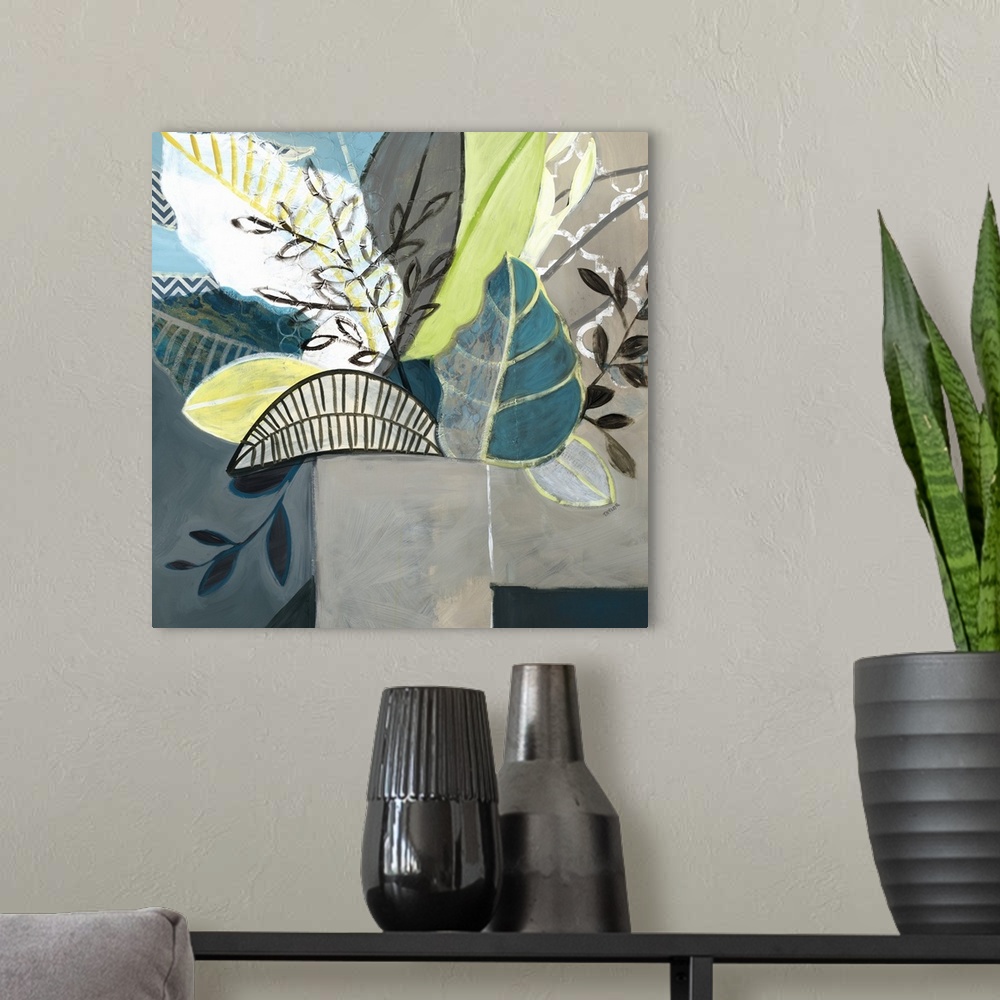 A modern room featuring Contemporary abstract painting of a vase full of various leaves and greenery, on a decorative bac...