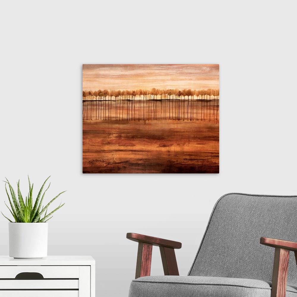 A modern room featuring Abstract grungy painting of trees planted in the ground at the top and their roots running down t...
