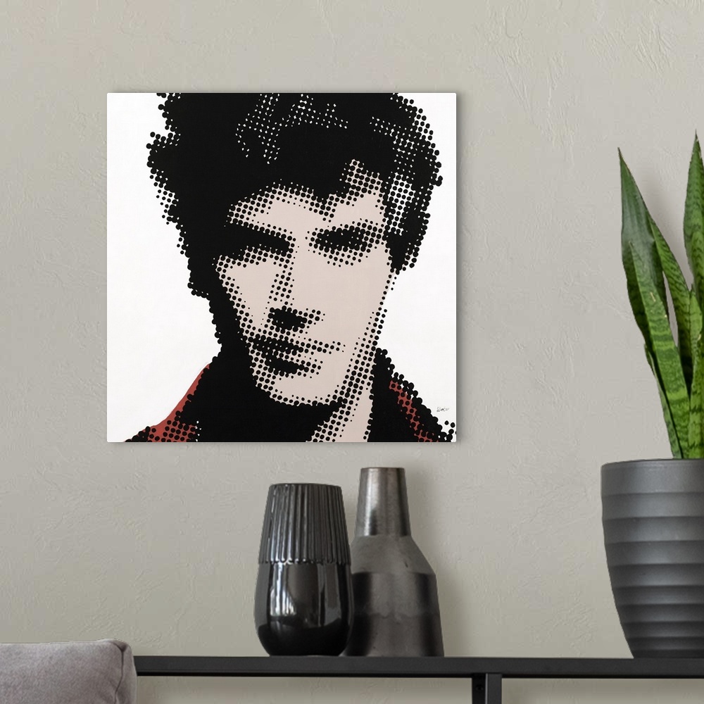 A modern room featuring Square illustration of a man's face created with black dots over beige and red paint on a white b...