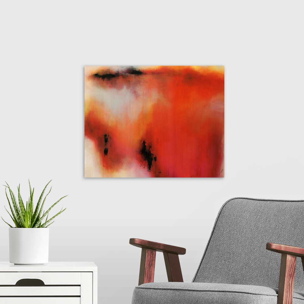 A modern room featuring Landscape, abstract painting of a large, misshapen splotchy area in fiery tones, with several sma...