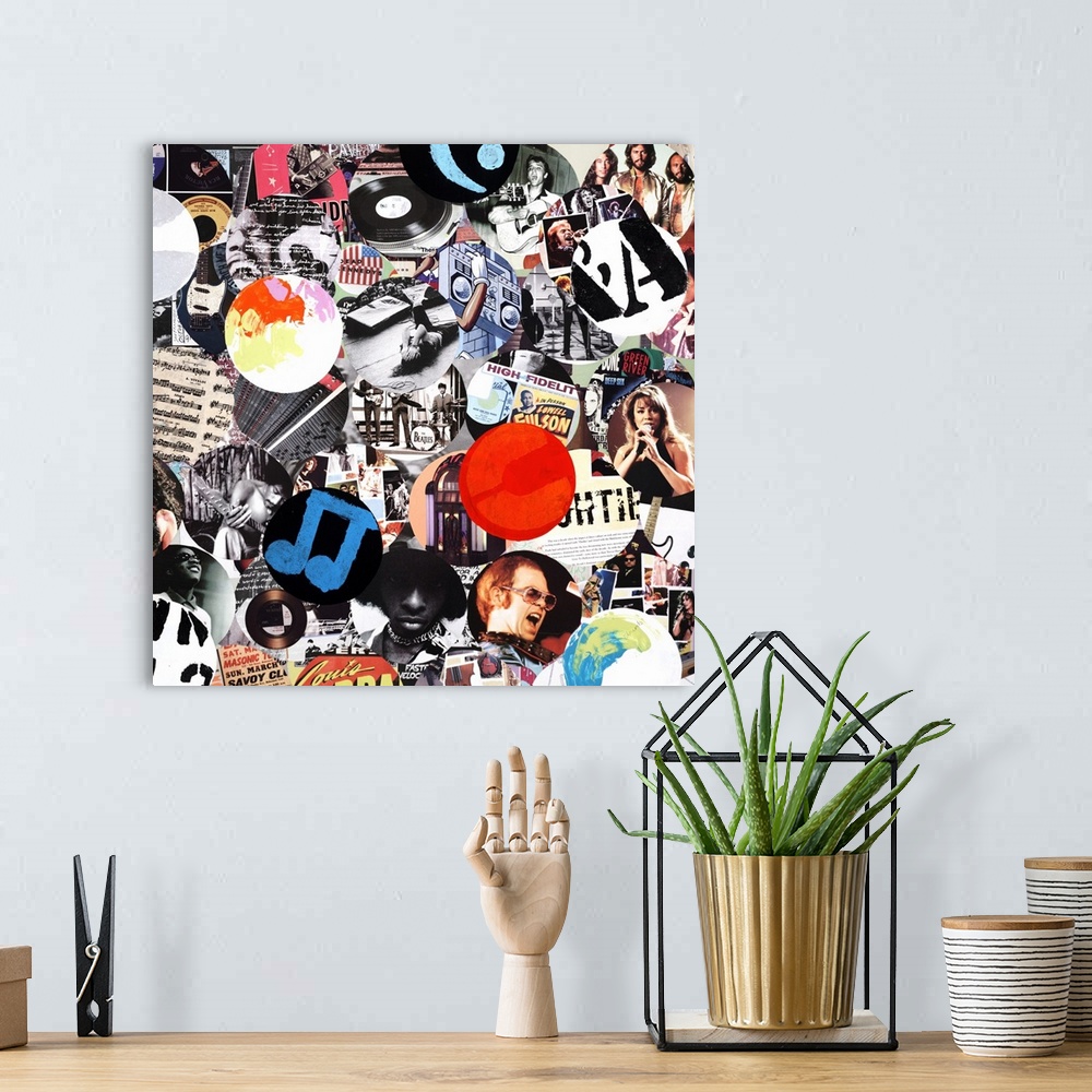 A bohemian room featuring A square collage of circular images of music and musicians.