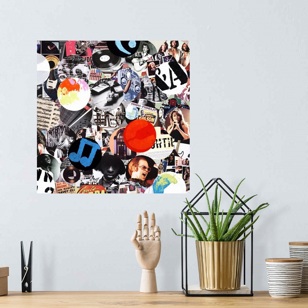 A bohemian room featuring A square collage of circular images of music and musicians.