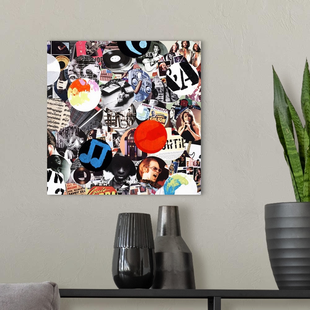 A modern room featuring A square collage of circular images of music and musicians.