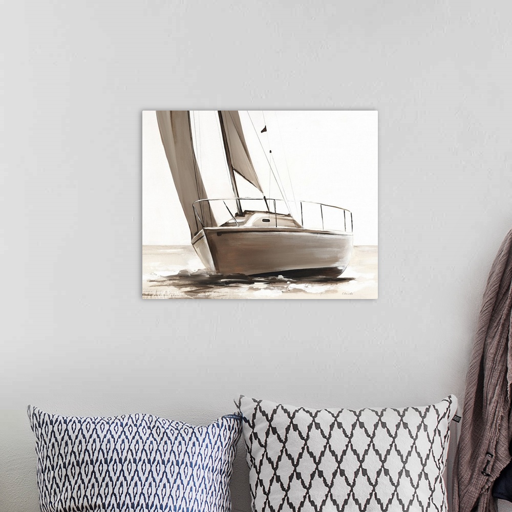 A bohemian room featuring Sepia toned painting of a sailboat on the open waters.