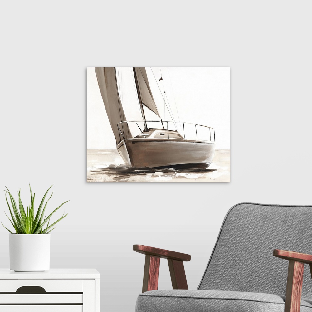 A modern room featuring Sepia toned painting of a sailboat on the open waters.