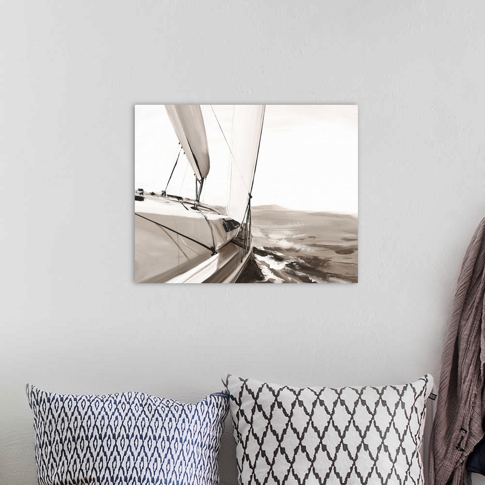A bohemian room featuring Sepia toned painting of the side of a sailboat going through rough waters.