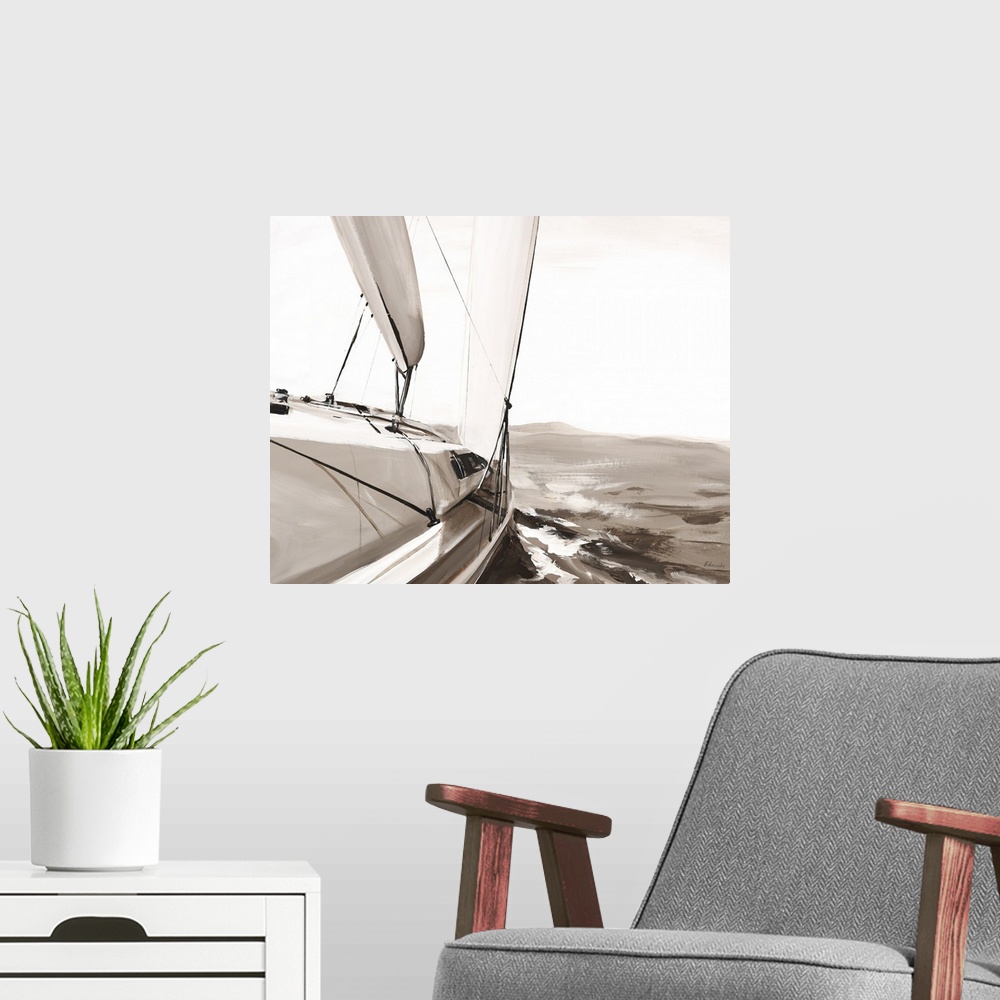 A modern room featuring Sepia toned painting of the side of a sailboat going through rough waters.