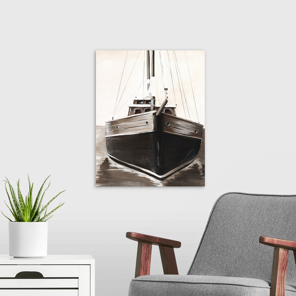 A modern room featuring Sepia toned painting of the front of a sailboat.