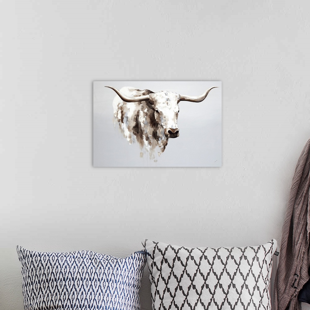 A bohemian room featuring Contemporary painting of a longhorn cow in cream and brown.