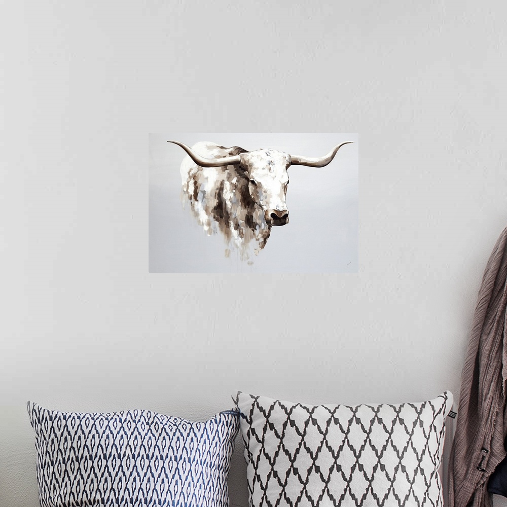 A bohemian room featuring Contemporary painting of a longhorn cow in cream and brown.