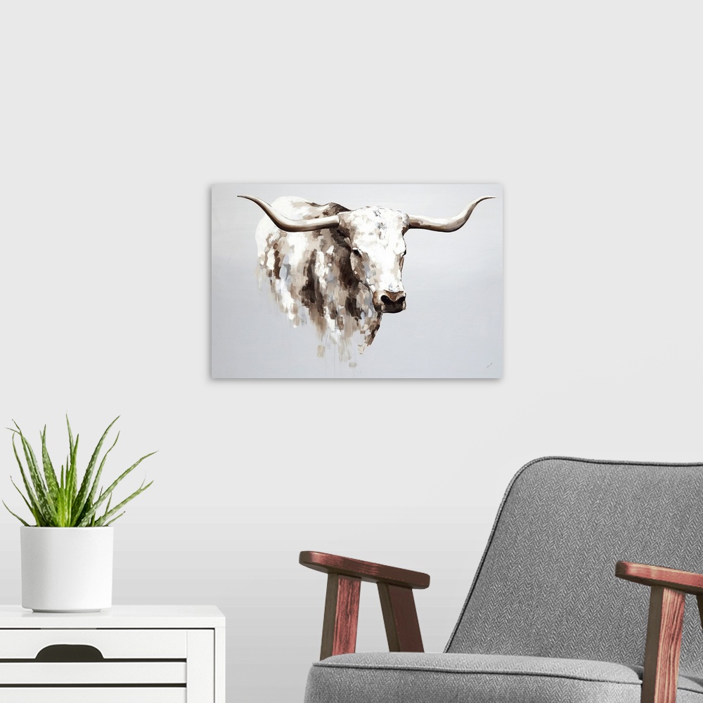 A modern room featuring Contemporary painting of a longhorn cow in cream and brown.