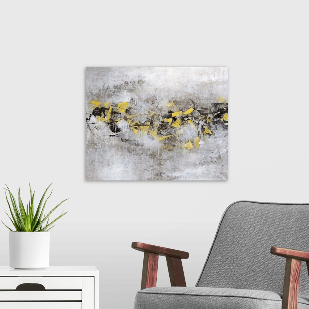 A modern room featuring Contemporary abstract painting using neutral gray tones with a horizontal movement of color in a ...