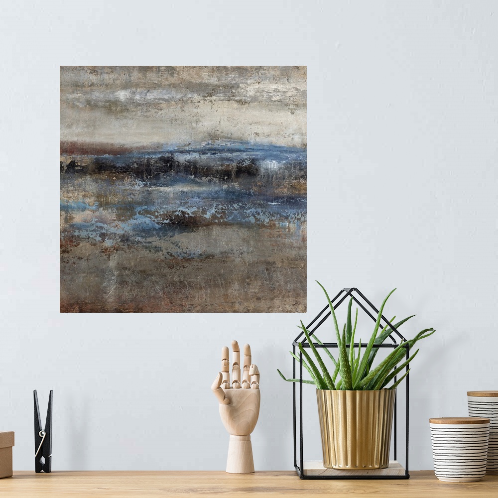 A bohemian room featuring Abstract painting of large waves hitting a shoreline as the clouds of a storm begin to dissipate ...