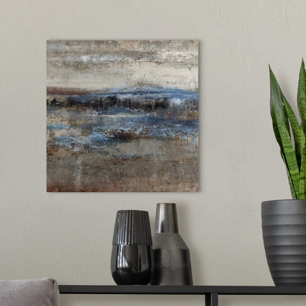 A modern room featuring Abstract painting of large waves hitting a shoreline as the clouds of a storm begin to dissipate ...