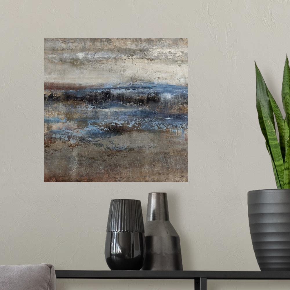 A modern room featuring Abstract painting of large waves hitting a shoreline as the clouds of a storm begin to dissipate ...