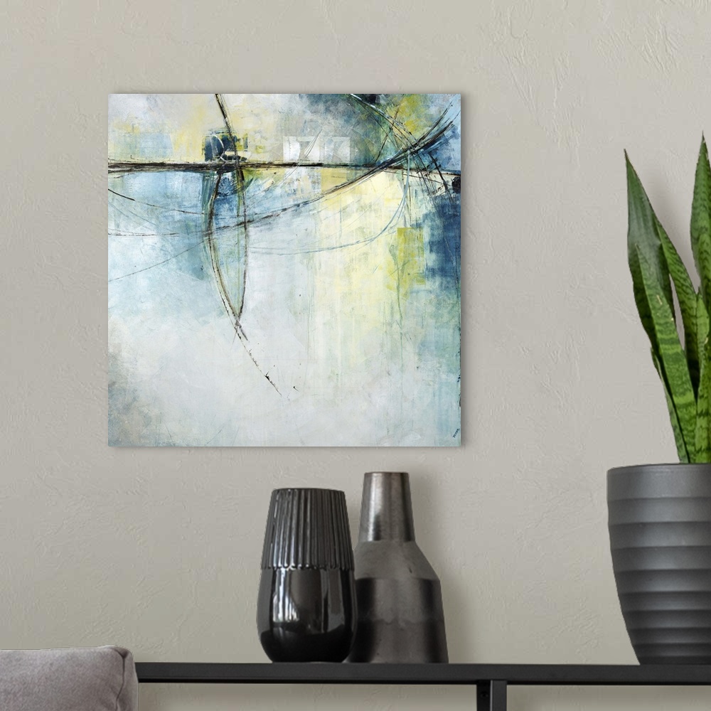 A modern room featuring Contemporary abstract painting of thin black lines against a faded green and blue background.