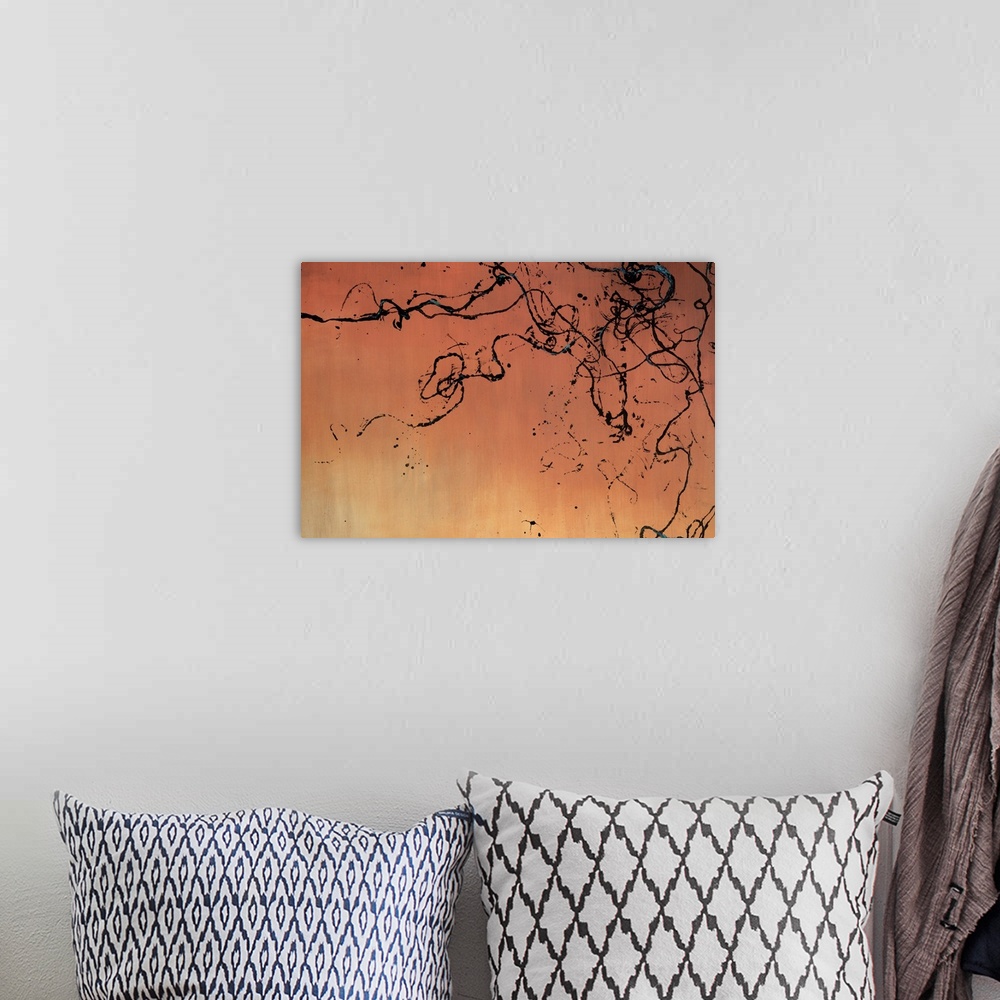 A bohemian room featuring Contemporary abstract artwork featuring wild dark lines splattered across a warm gradient backgro...
