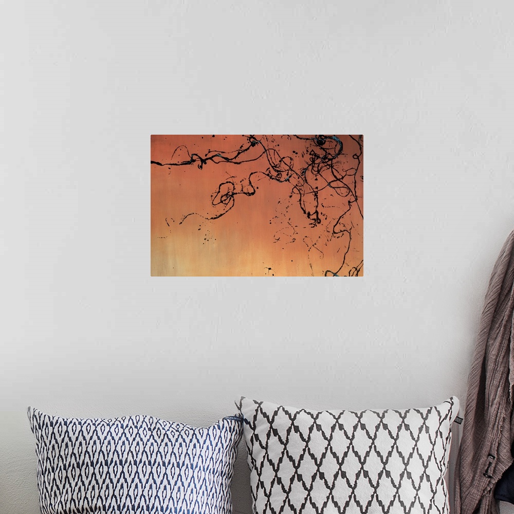 A bohemian room featuring Contemporary abstract artwork featuring wild dark lines splattered across a warm gradient backgro...