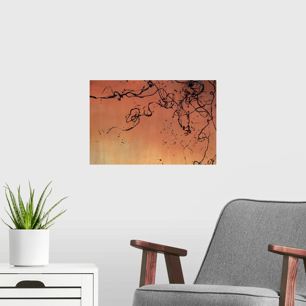 A modern room featuring Contemporary abstract artwork featuring wild dark lines splattered across a warm gradient backgro...