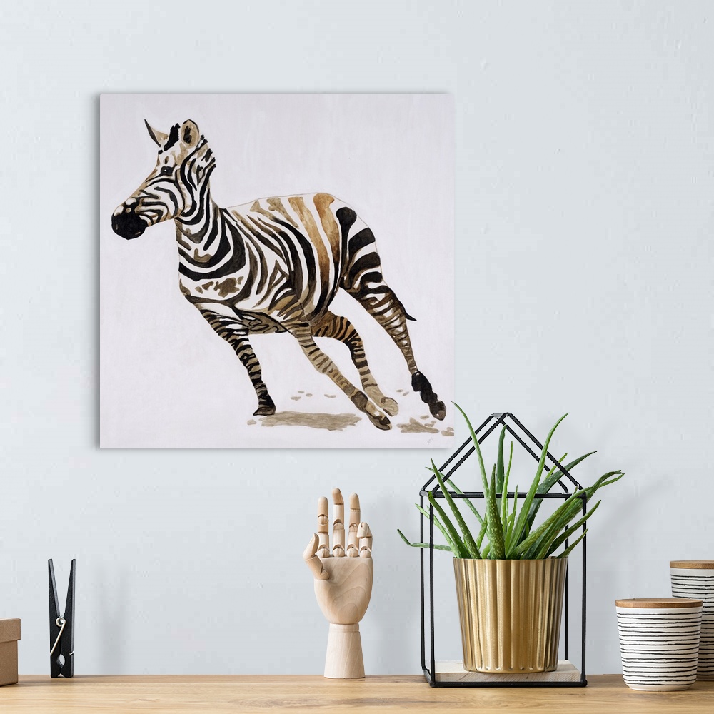 A bohemian room featuring Square contemporary abstract painting of a zebra in motion made up of white, black, and brown hues.