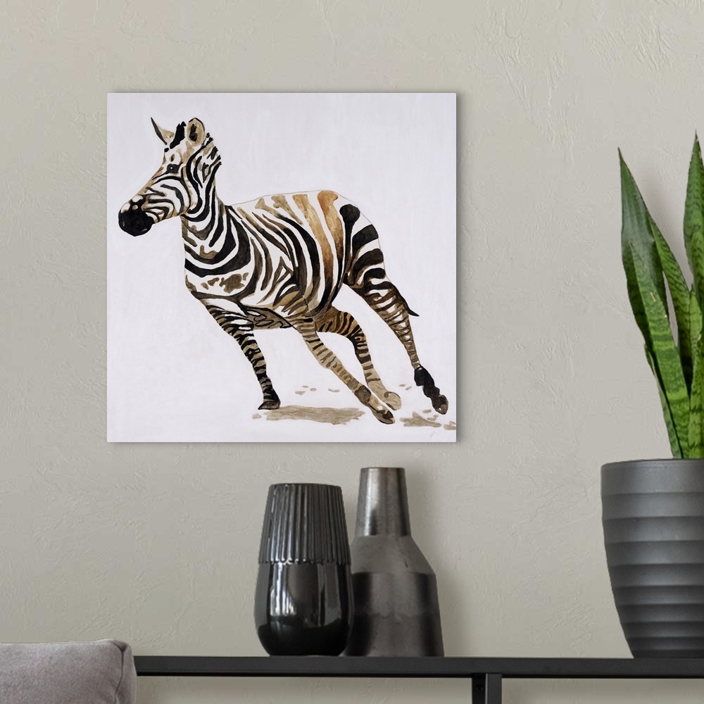 A modern room featuring Square contemporary abstract painting of a zebra in motion made up of white, black, and brown hues.