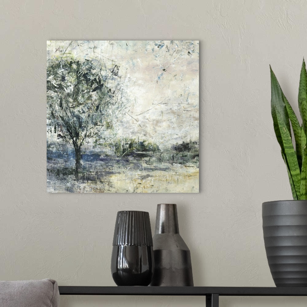 A modern room featuring An abstract landscape of a field and tree in textured brush strokes.