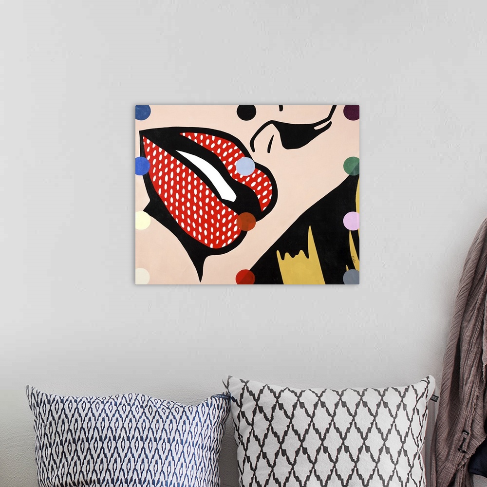 A bohemian room featuring Pop art style painting with a close up of a woman's face highlighting her red lips, with white do...