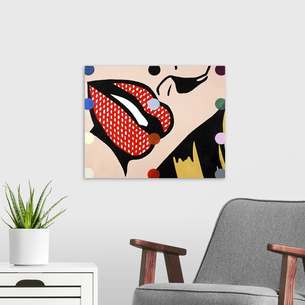 A modern room featuring Pop art style painting with a close up of a woman's face highlighting her red lips, with white do...