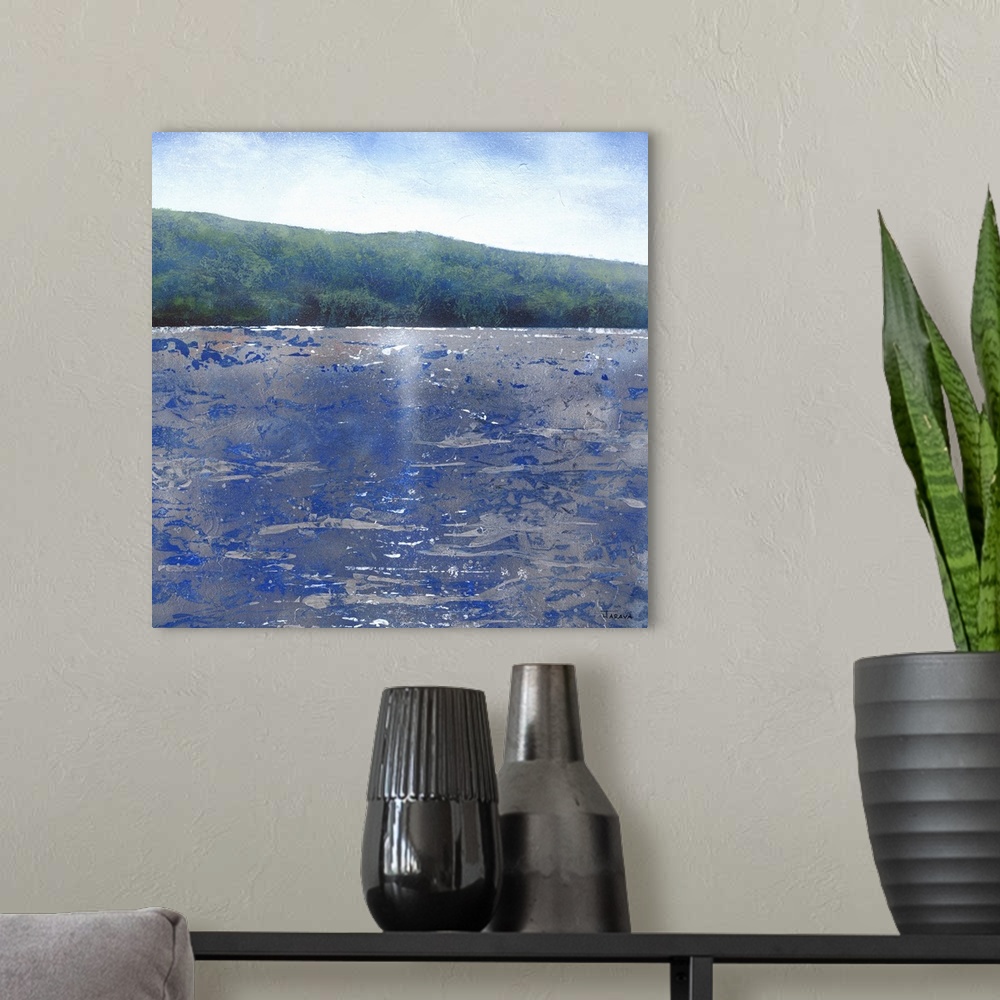 A modern room featuring Square contemporary abstract painting of Lake Tahoe.