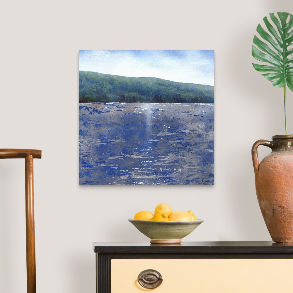 A traditional room featuring Square contemporary abstract painting of Lake Tahoe.