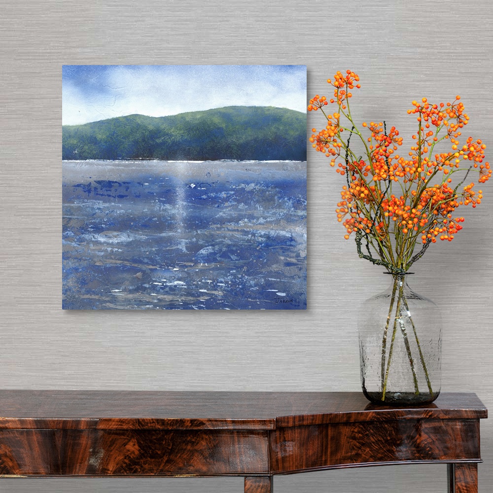 A traditional room featuring Square contemporary abstract painting of Lake Tahoe.