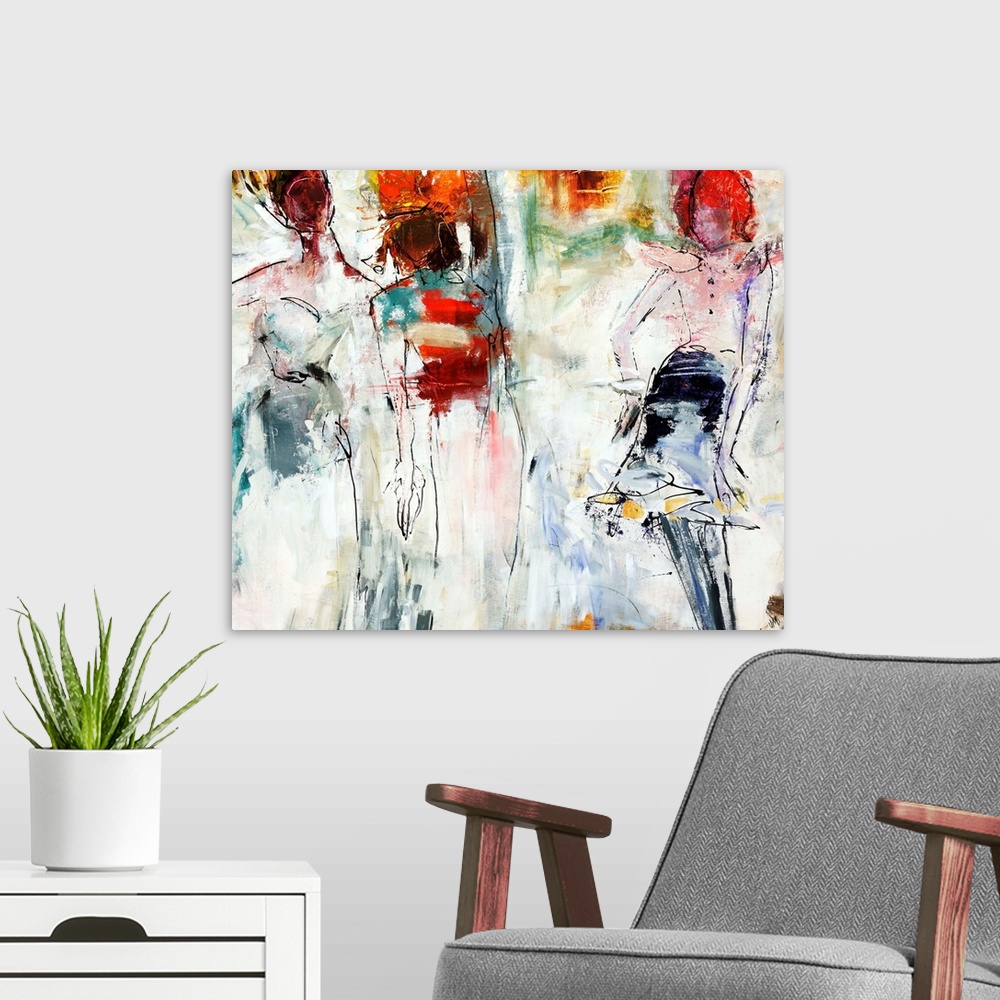 A modern room featuring Figurative painting of three female forms in vibrantly colored party attire, on a roughly painted...