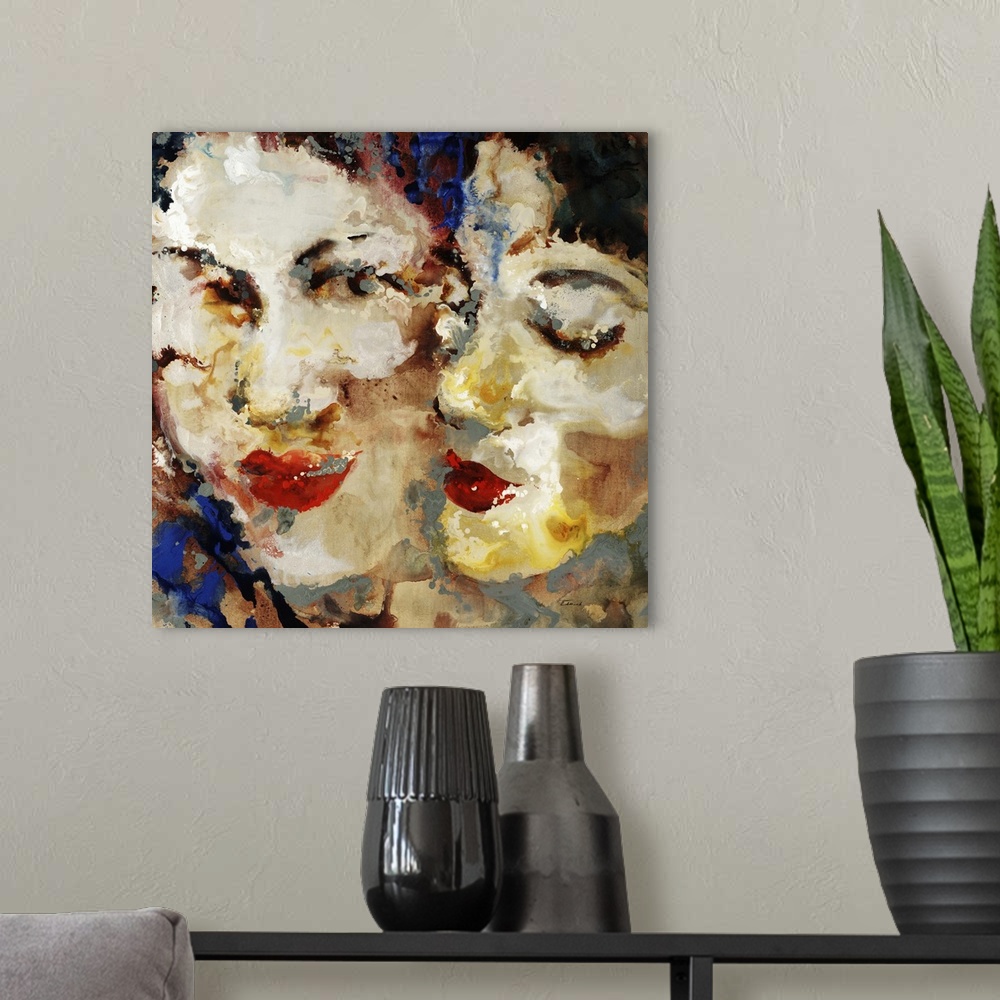 A modern room featuring Contemporary painting of two female faces pressed next to each other, each with dark hair and bri...