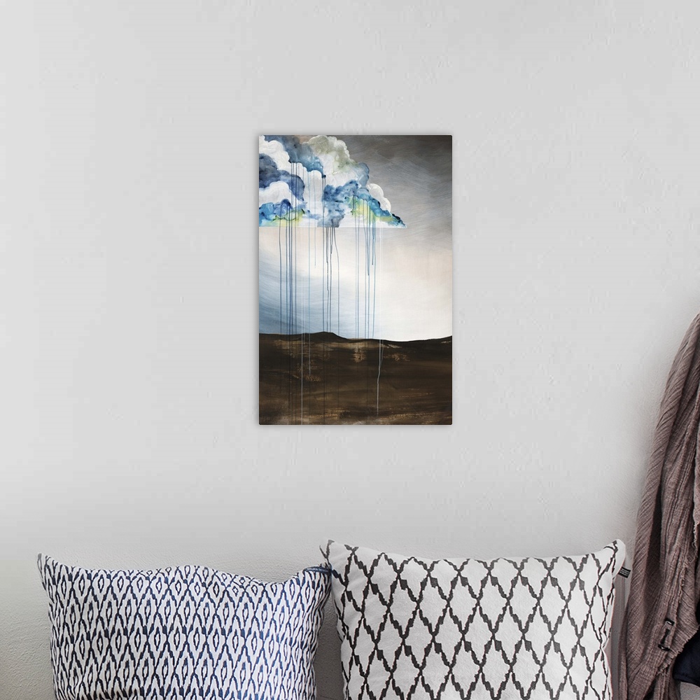 A bohemian room featuring Contemporary abstract painting of a dry dark brown landscape under a blue and green cloud drippin...