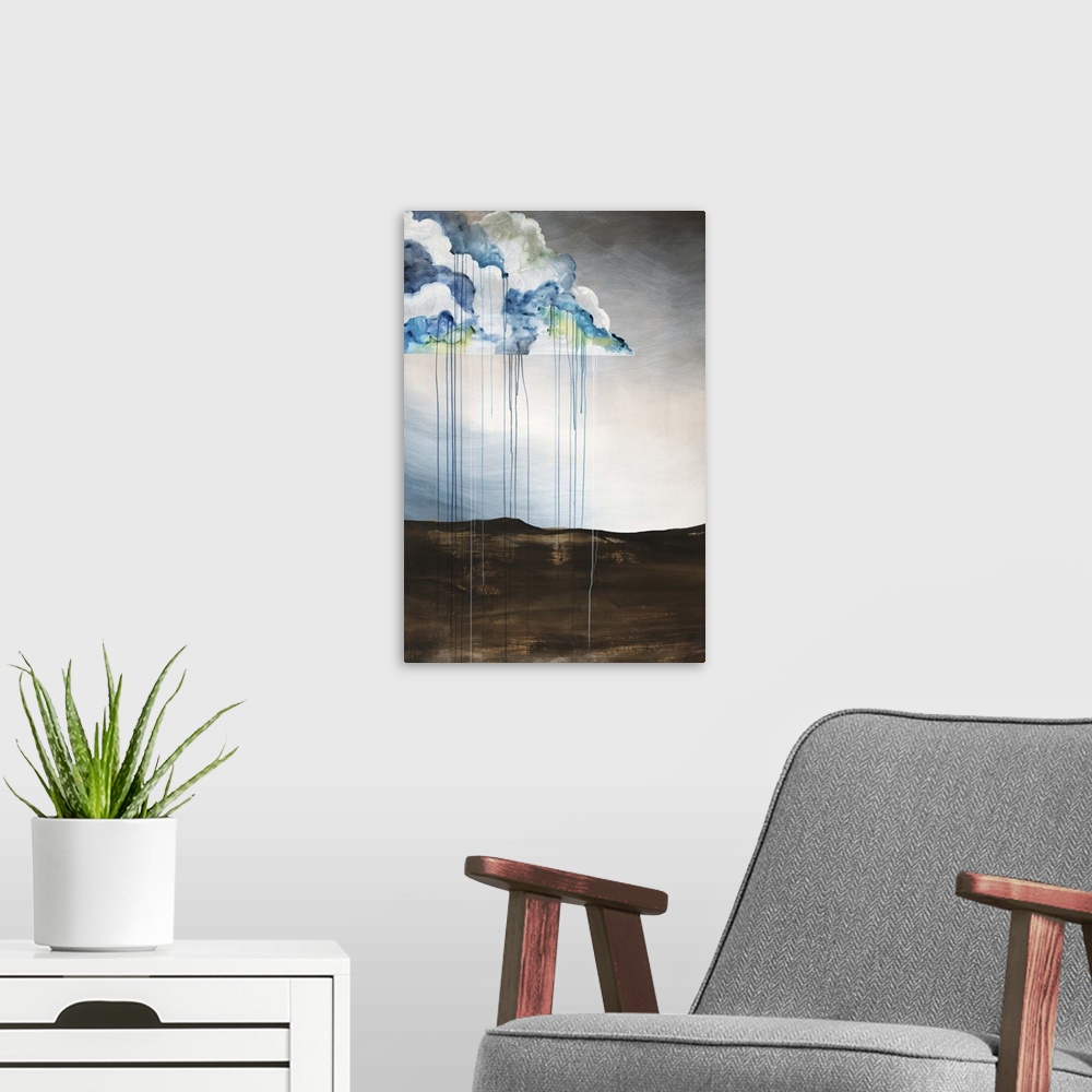 A modern room featuring Contemporary abstract painting of a dry dark brown landscape under a blue and green cloud drippin...
