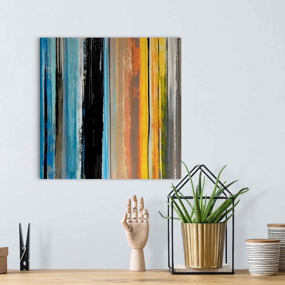 A bohemian room featuring Abstract artwork that shows vertical lines of different colors and different thicknesses across t...