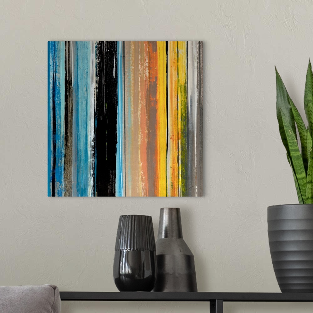 A modern room featuring Abstract artwork that shows vertical lines of different colors and different thicknesses across t...