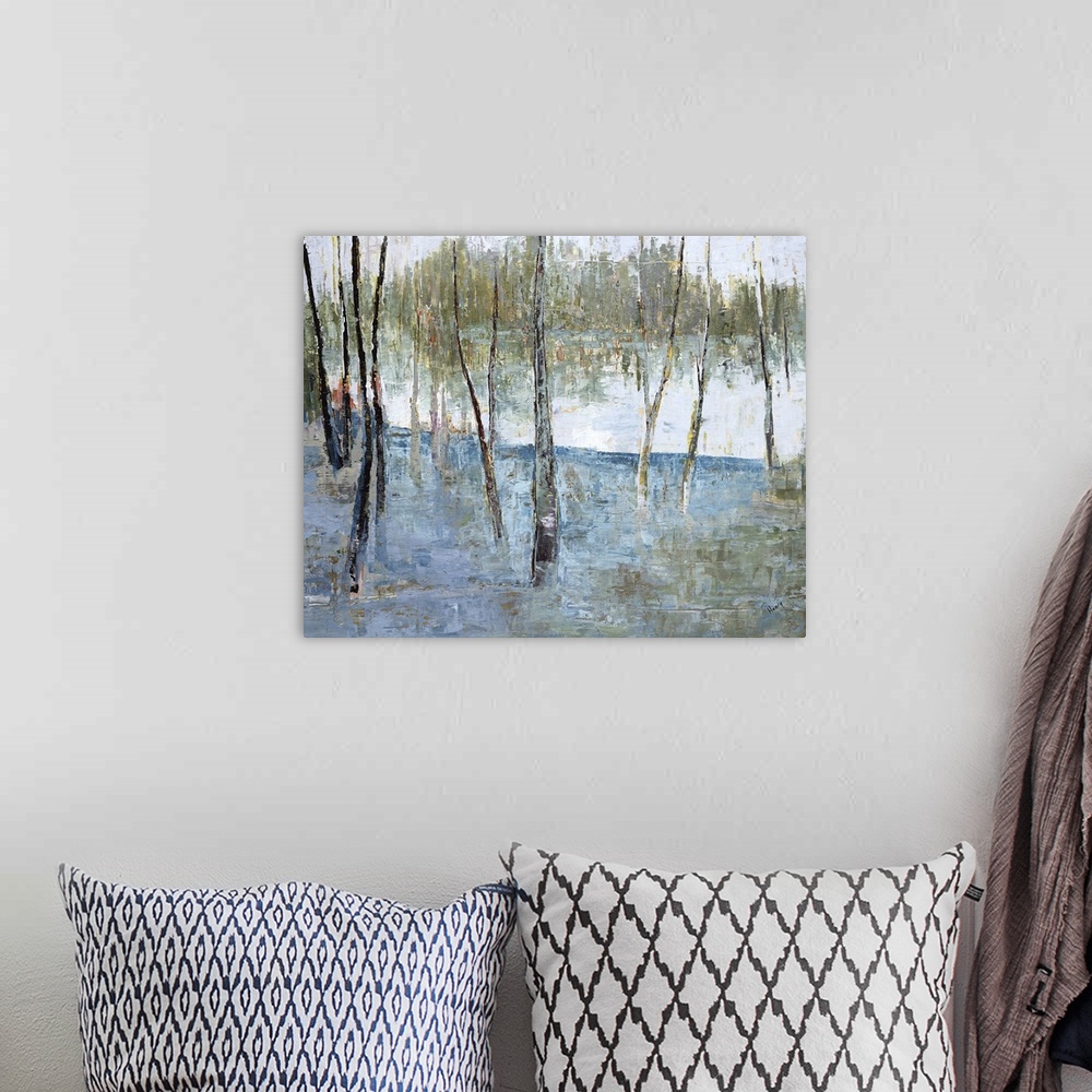 A bohemian room featuring Horizontal contemporary painting of a forest of trees.