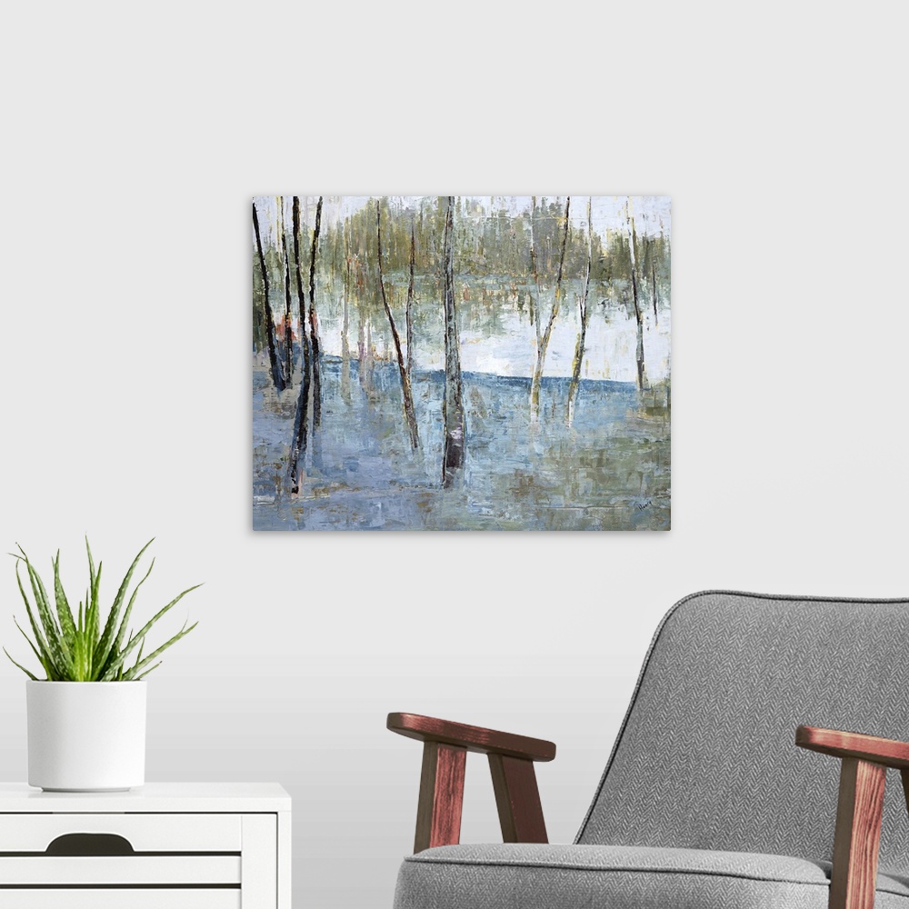 A modern room featuring Horizontal contemporary painting of a forest of trees.