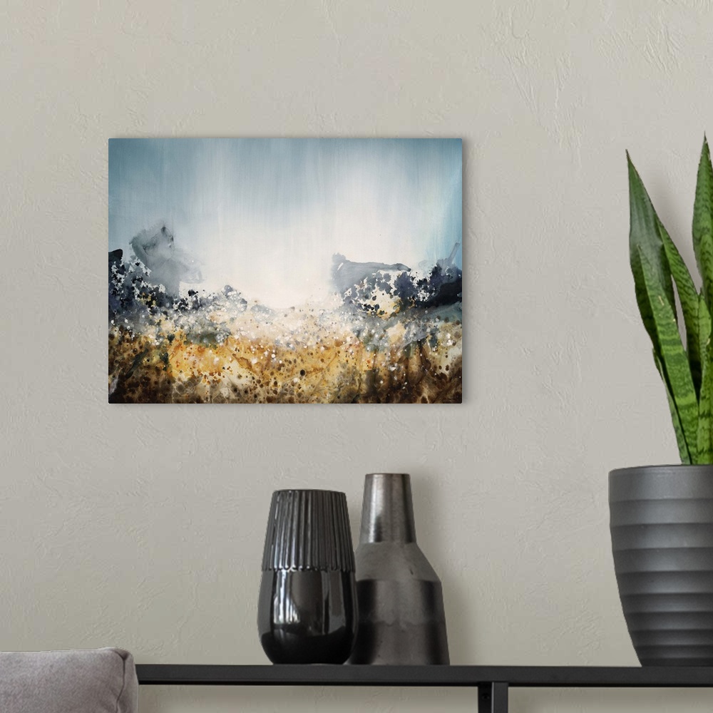 A modern room featuring Abstract painting of what looks like sunlight shining through dark clouds in a stormy sky.