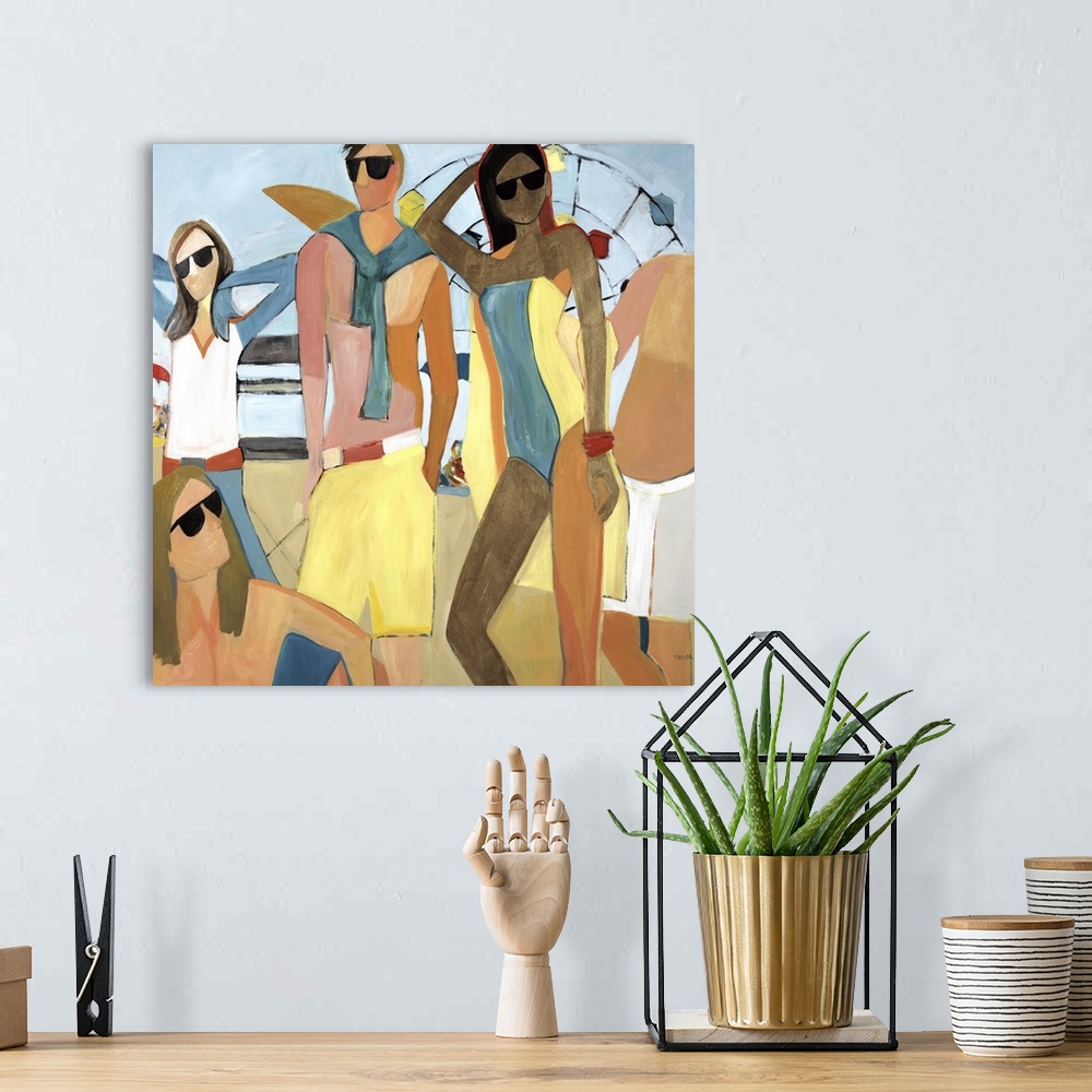 A bohemian room featuring Contemporary painting of cool people wearing summer attire and sunglasses.