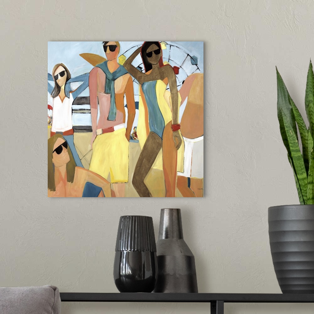 A modern room featuring Contemporary painting of cool people wearing summer attire and sunglasses.