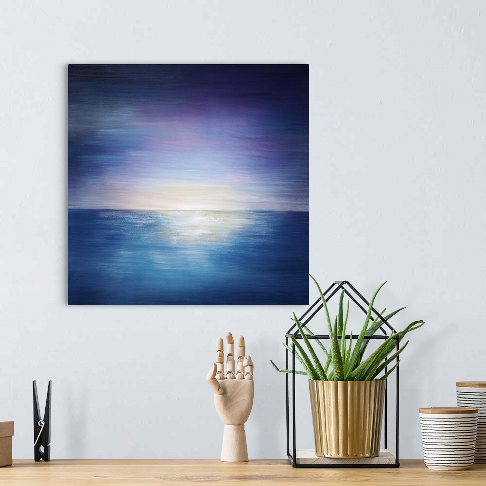 A bohemian room featuring Abstract painting of a vibrant sky as the sun sets on the horizon of a body of water, painted wit...