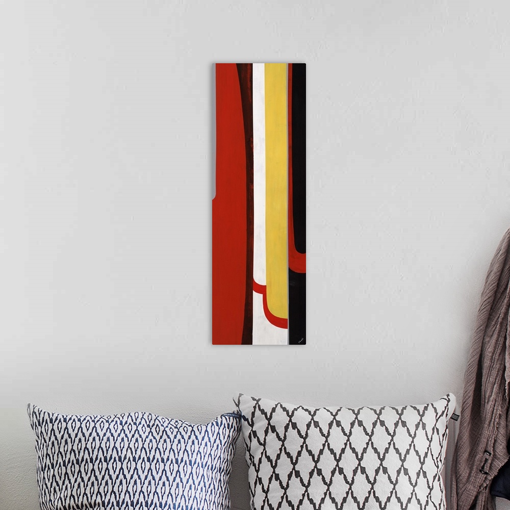 A bohemian room featuring Abstract painting with a mid-century feel of bold colors in thick vertical lines.