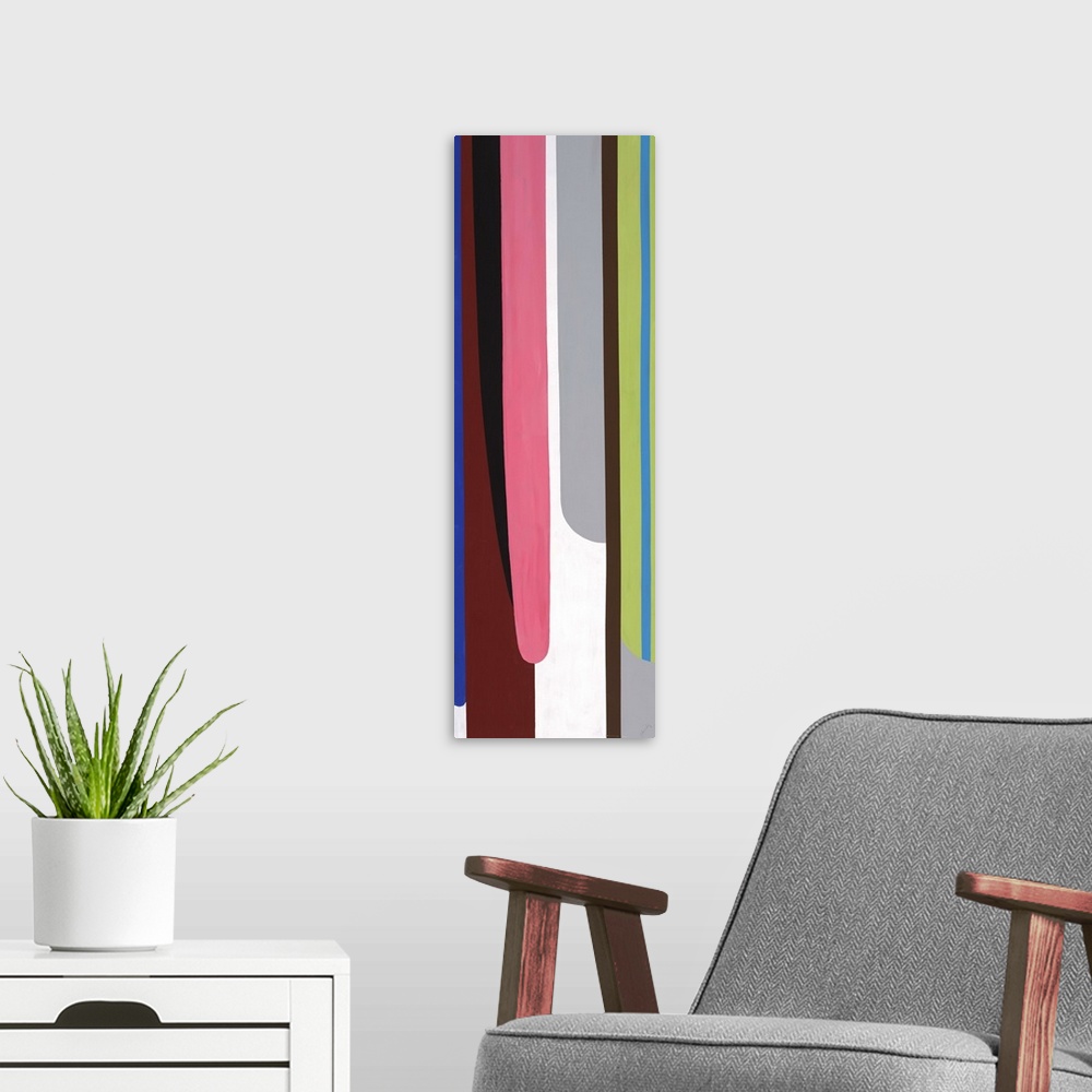 A modern room featuring Abstract painting with a mid-century feel of bold colors in thick vertical lines.
