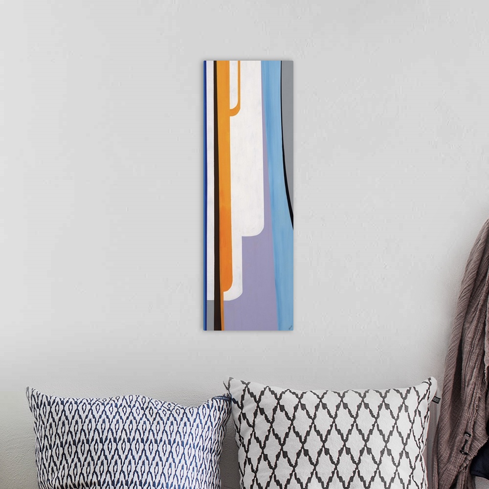 A bohemian room featuring Abstract painting with a mid-century feel of bold colors in thick vertical lines.