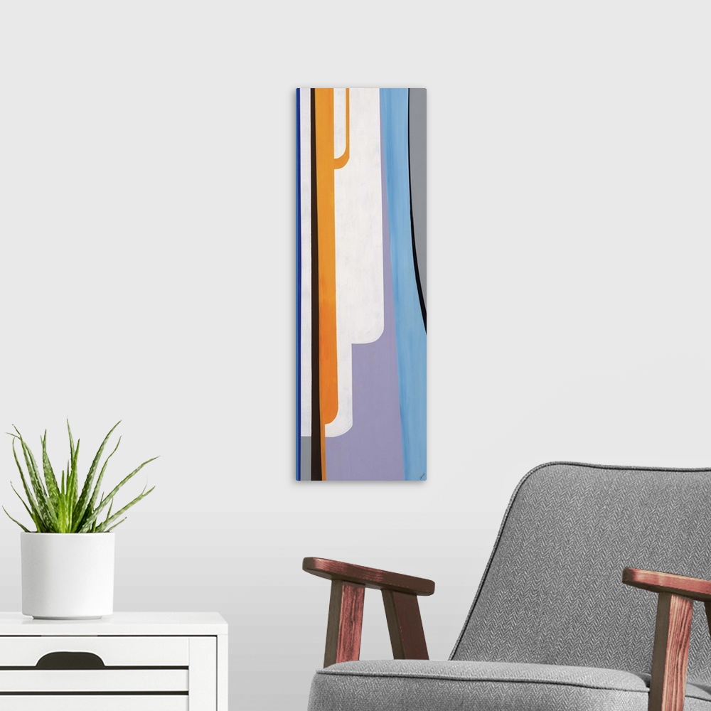A modern room featuring Abstract painting with a mid-century feel of bold colors in thick vertical lines.