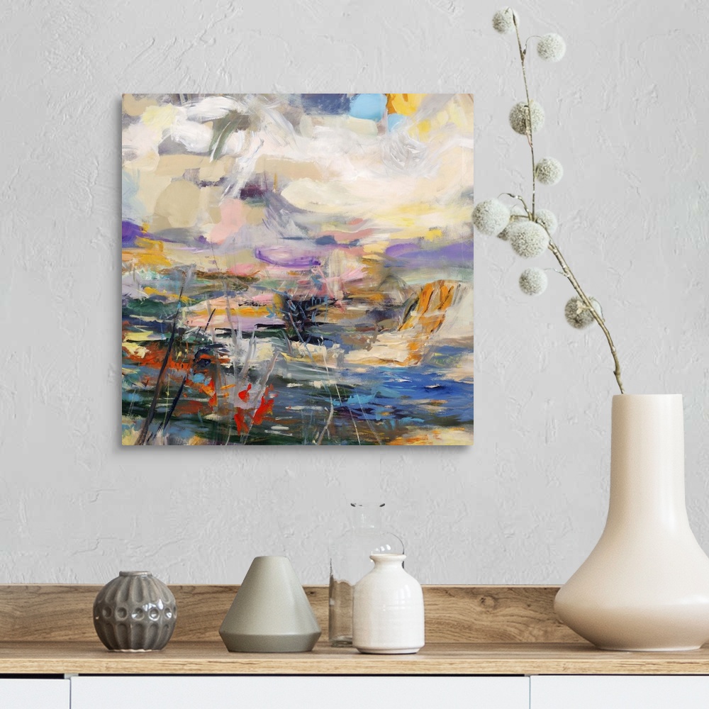 A farmhouse room featuring Contemporary abstract artwork in bright shades of lavender, yellow, red, and blue, flowing quickl...