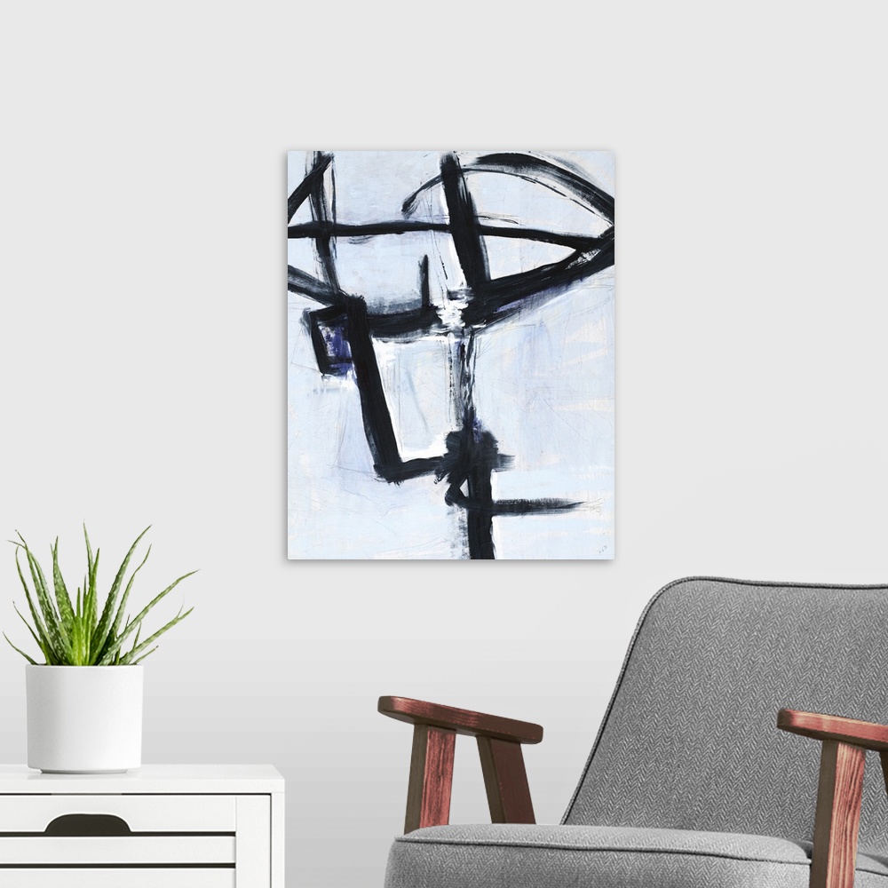 A modern room featuring Contemporary abstract artwork with lined movement in black on a light blue background.